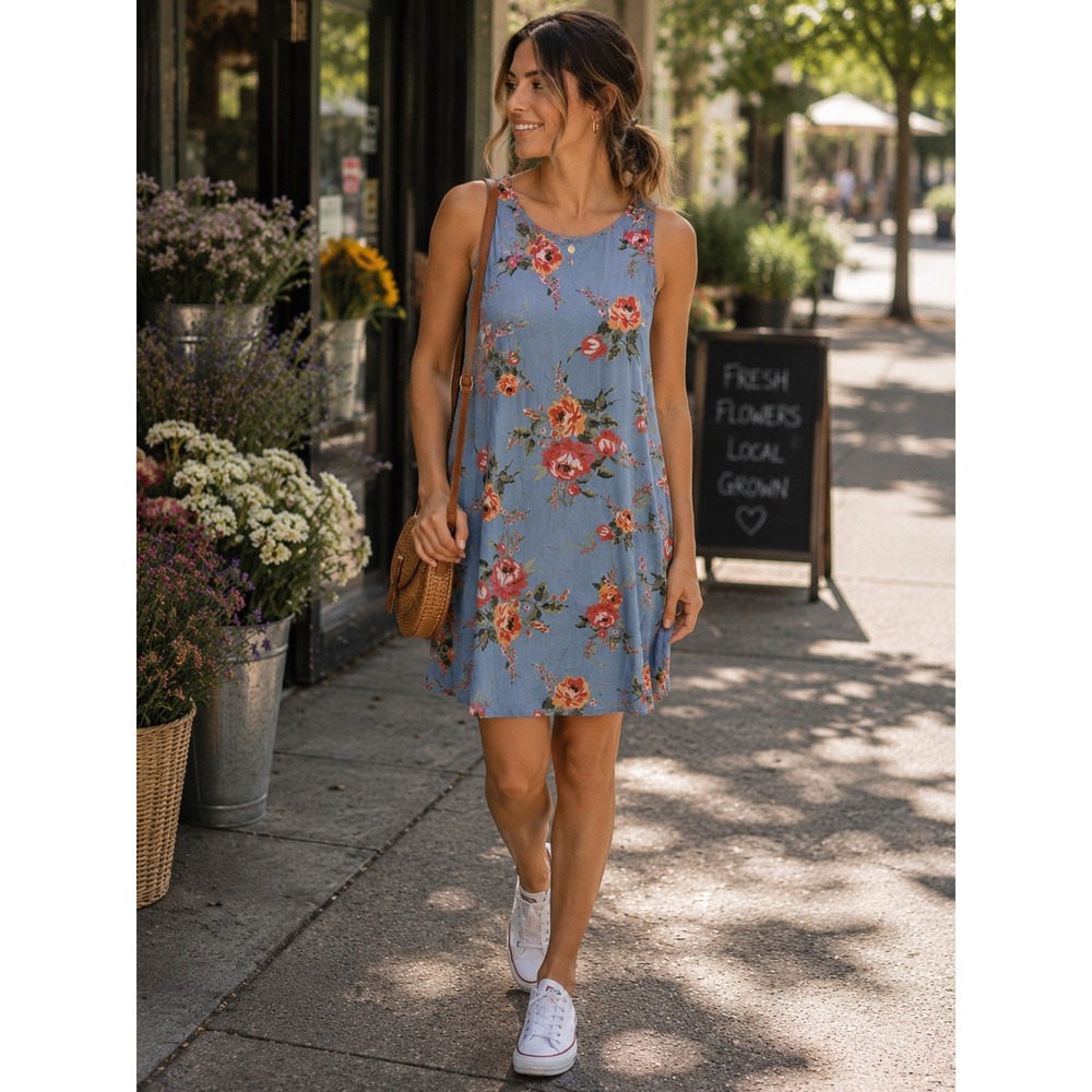 BeachLunchLounge Blue Floral Viscose Swing Dress Womens L Boho Cottagecore